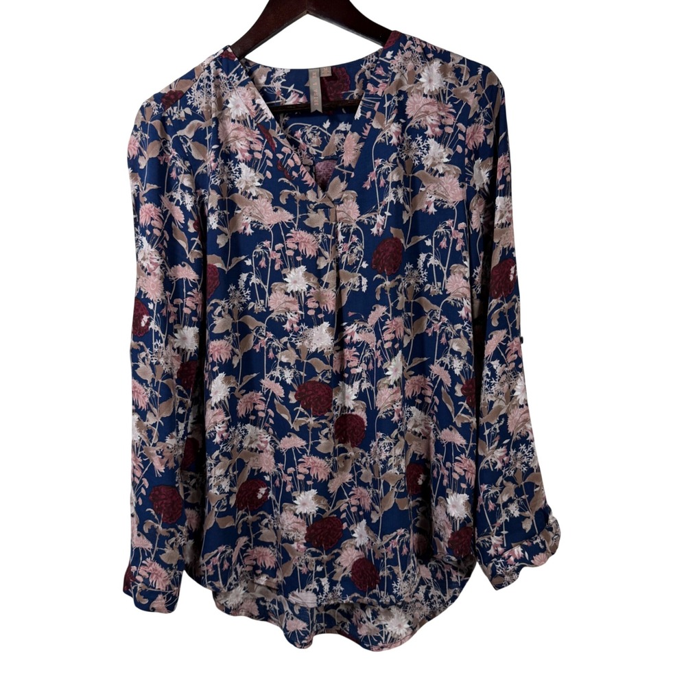 Brina‎ & Em Navy M Floral Hi Low Flowy Lightweight Blouse Long Sleeve Rayon Top